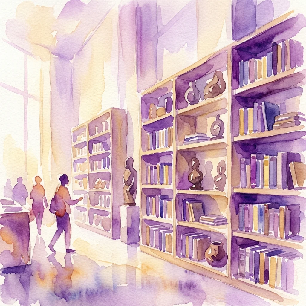 Ilustración en acuarela de un archivo cultural con estanterías, artefactos y visitantes explorando el espacio, representando la exposición 'Echoes of In*dependence: Untold Acts of Liberation, Extraction & Solidarity' en The Black Archives.