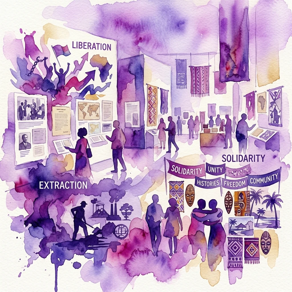 A vibrant watercolor illustration of the 'Echoes of In*dependence' exhibition, depicting themes of liberation, extraction, and solidarity with diverse cultural elements and archival materials.