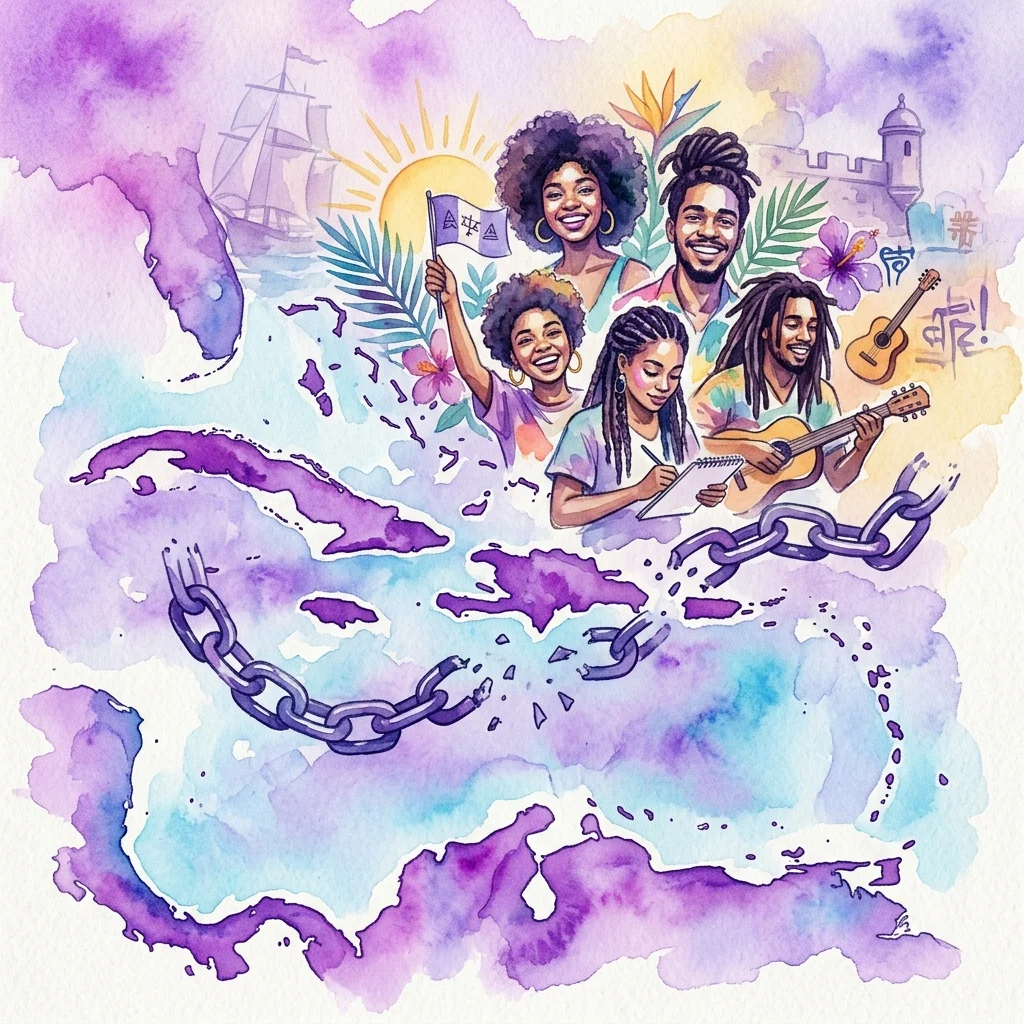 Watercolor illustration of Caribbean islands with diverse young creatives breaking chains, holding a flag, and engaging in music and writing, symbolizing decolonization and cultural expression.