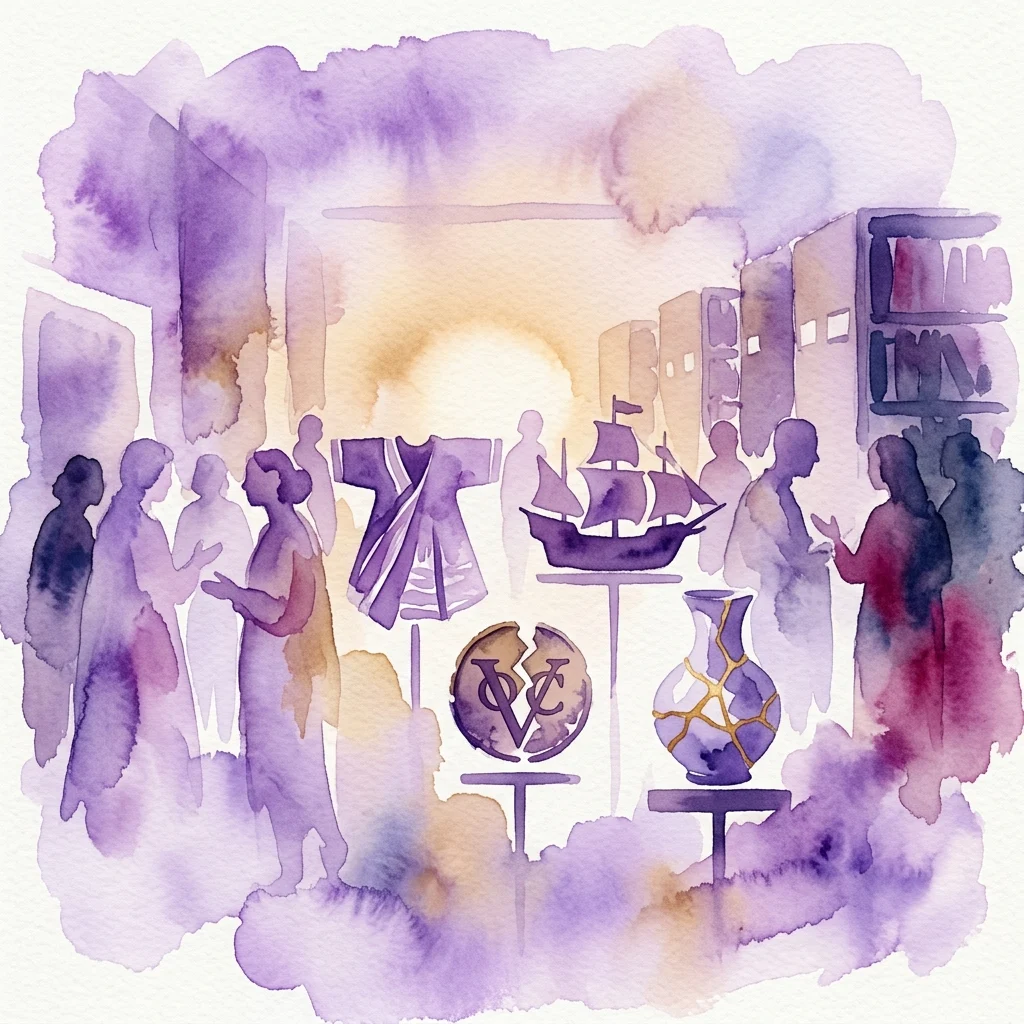 Watercolor illustration of a museum exhibition space with silhouetted visitors, featuring symbolic objects including a kintsugi vase, a ship model, and a garment, reflecting themes of healing and repair from Dutch colonial history.