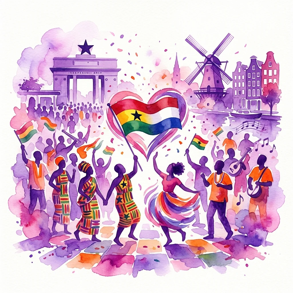 Ilustracja akwarelowa upamiętniająca Dzień Niepodległości Ghany, przedstawiająca elementy kultury ghańskiej i holenderskiej, takie jak Łuk Niepodległości (Independence Arch), wiatrak oraz tańczących ludzi z ghańskimi flagami, symbolizująca więzi diaspory.
