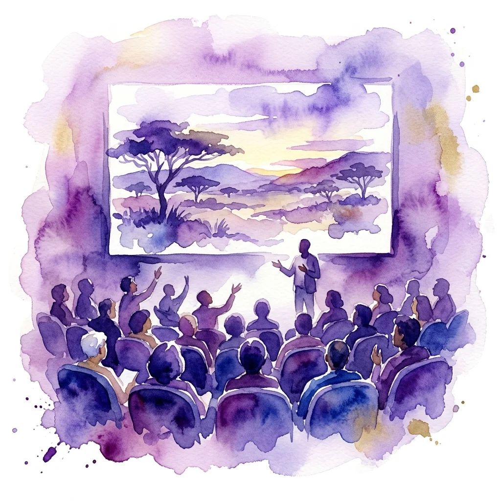 Una ilustración en acuarela de una proyección de película y un coloquio posterior, que muestra a una audiencia viendo un paisaje sudafricano en pantalla y participando en una discusión con un orador.