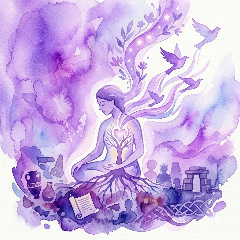 Ilustracja akwarelowa przedstawiająca osobę medytującą z drzewem wyrastającym z jej serca, otoczoną symbolicznymi elementami, takimi jak gołębie, korzenie i starożytne artefakty, reprezentującymi uzdrowienie i połączenie z przodkami.