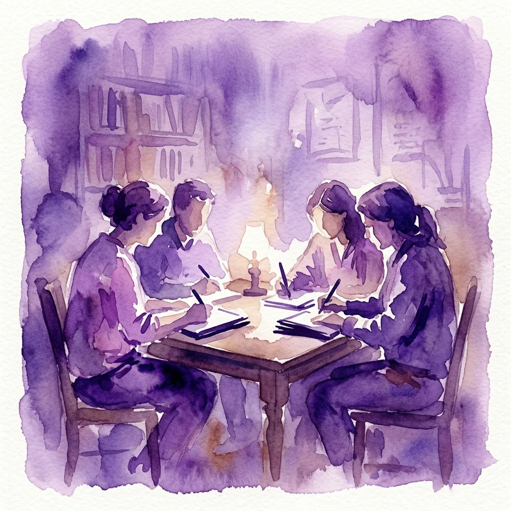 Una ilustración en acuarela de cuatro personas sentadas alrededor de una mesa en un taller con poca luz, escribiendo en cuadernos con documentos históricos visibles al fondo, representando el taller de escritura creativa 'Heritage Stories II - Echoes of the Past'.