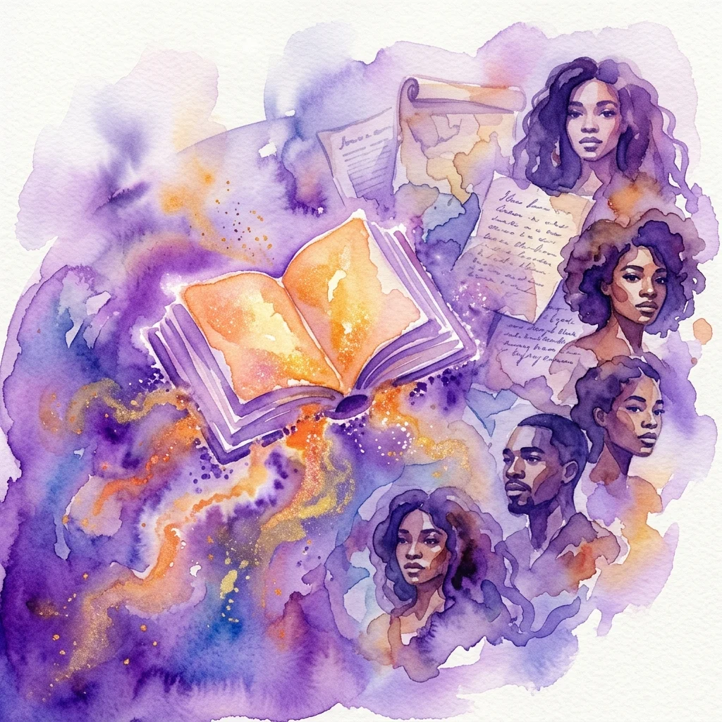 A watercolor illustration of an open book with shimmering orange pages, surrounded by diverse Black portraits and historical documents emerging from a purple and gold cosmic background.