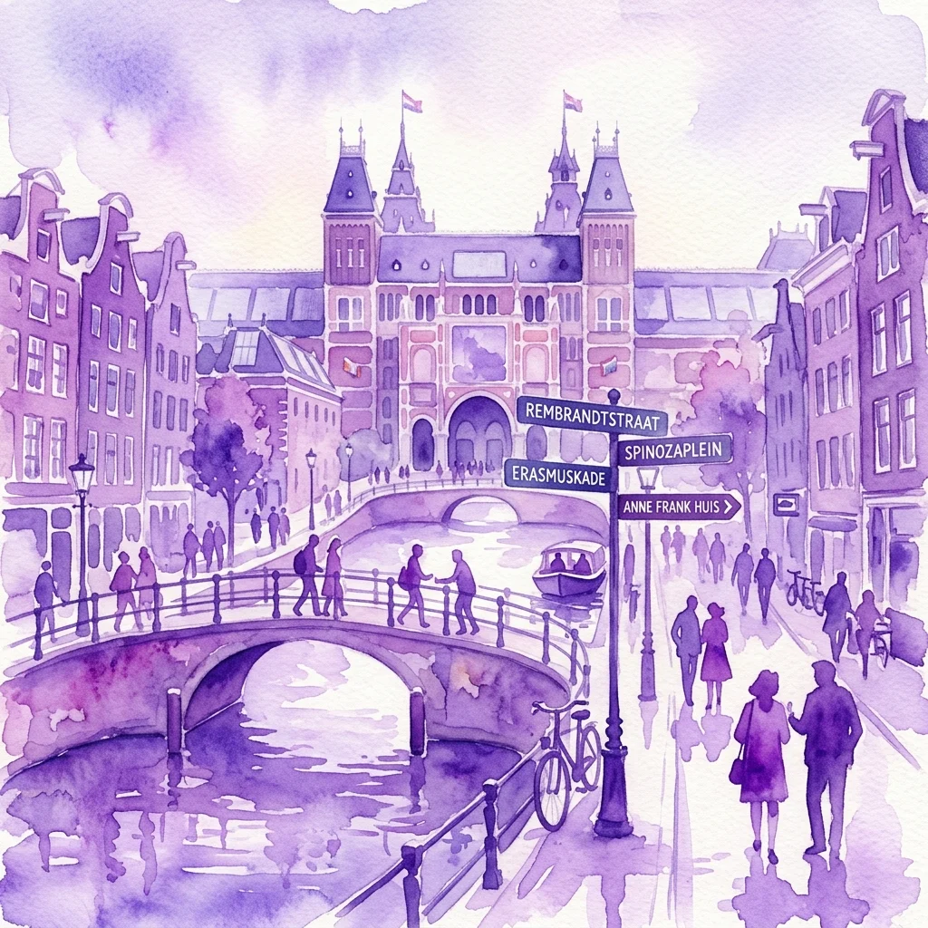 Waterverfillustratie van een Amsterdamse gracht met een brug, historische gebouwen en straatnaamborden waaronder Rembrandtstraat, Spinoza Plein, Erasmuskade en Anne Frank Huis, reflecterend op koloniaal erfgoed en betwiste straatnamen.