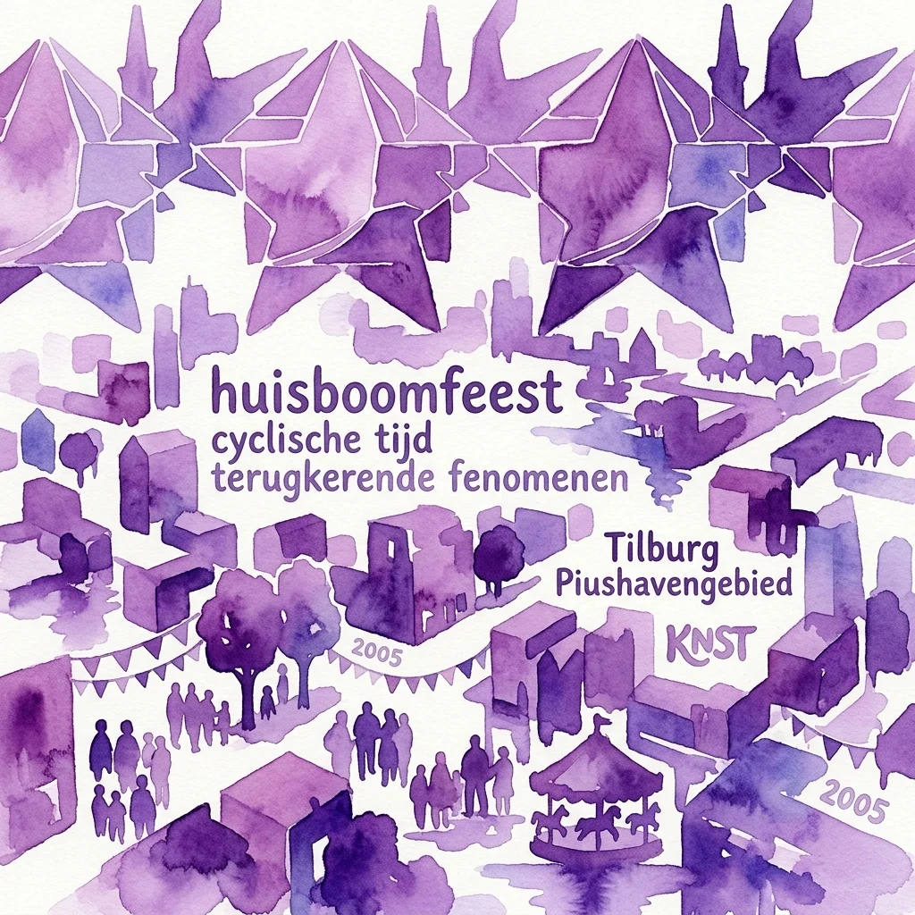 Ilustracja akwarelowa projektu Huisboomfeest w Tilburgu w Holandii, przedstawiająca panoramę miasta wokół obszaru Pius-harbour z fioletowymi budynkami, drzewami i świętującymi ludźmi, opatrzona etykietami „czas cykliczny” i „zjawiska nawracające” z 2005 roku.