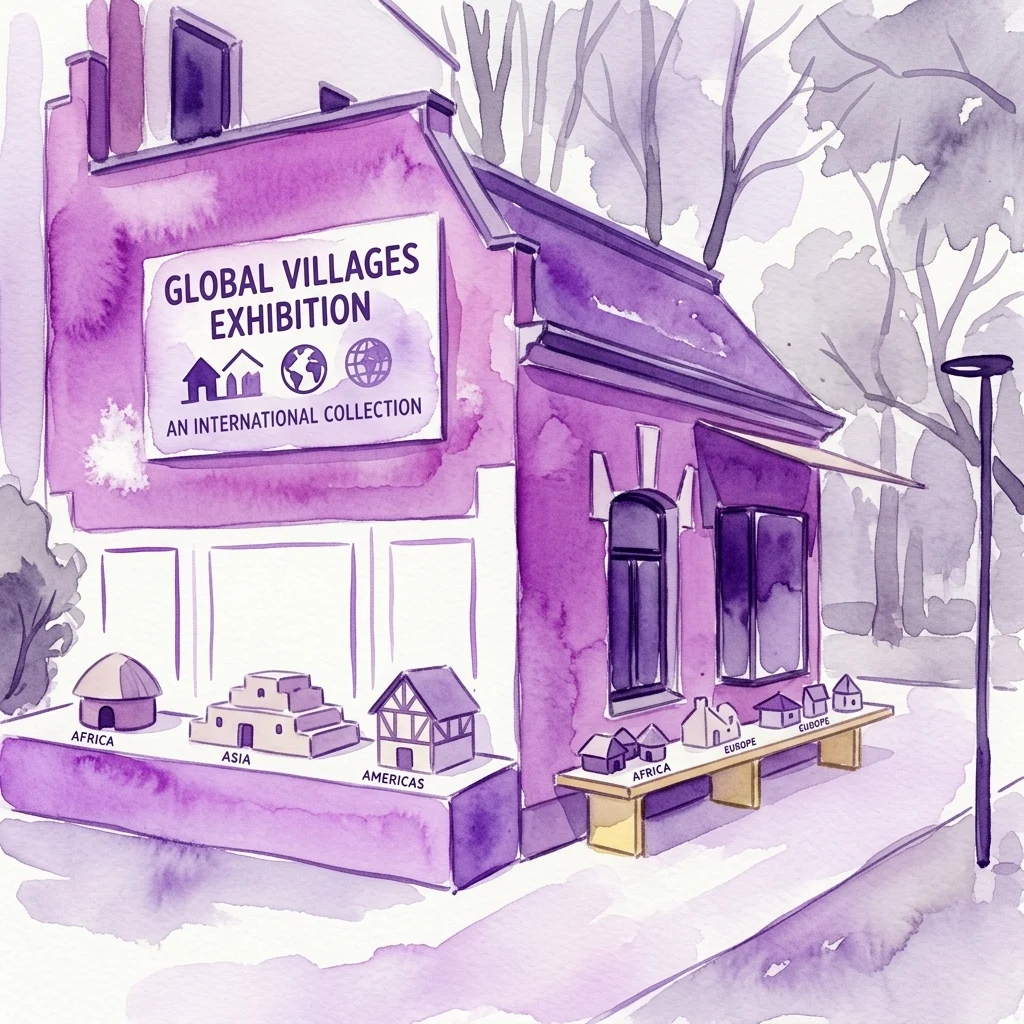 Ilustracja akwarelowa wystawy Global Villages, prezentująca miniaturowe modele architektoniczne z Afryki, Azji, obu Ameryk i Europy, wystawione przed fioletowym budynkiem z napisem „Global Villages Exhibition: An International Collection”.