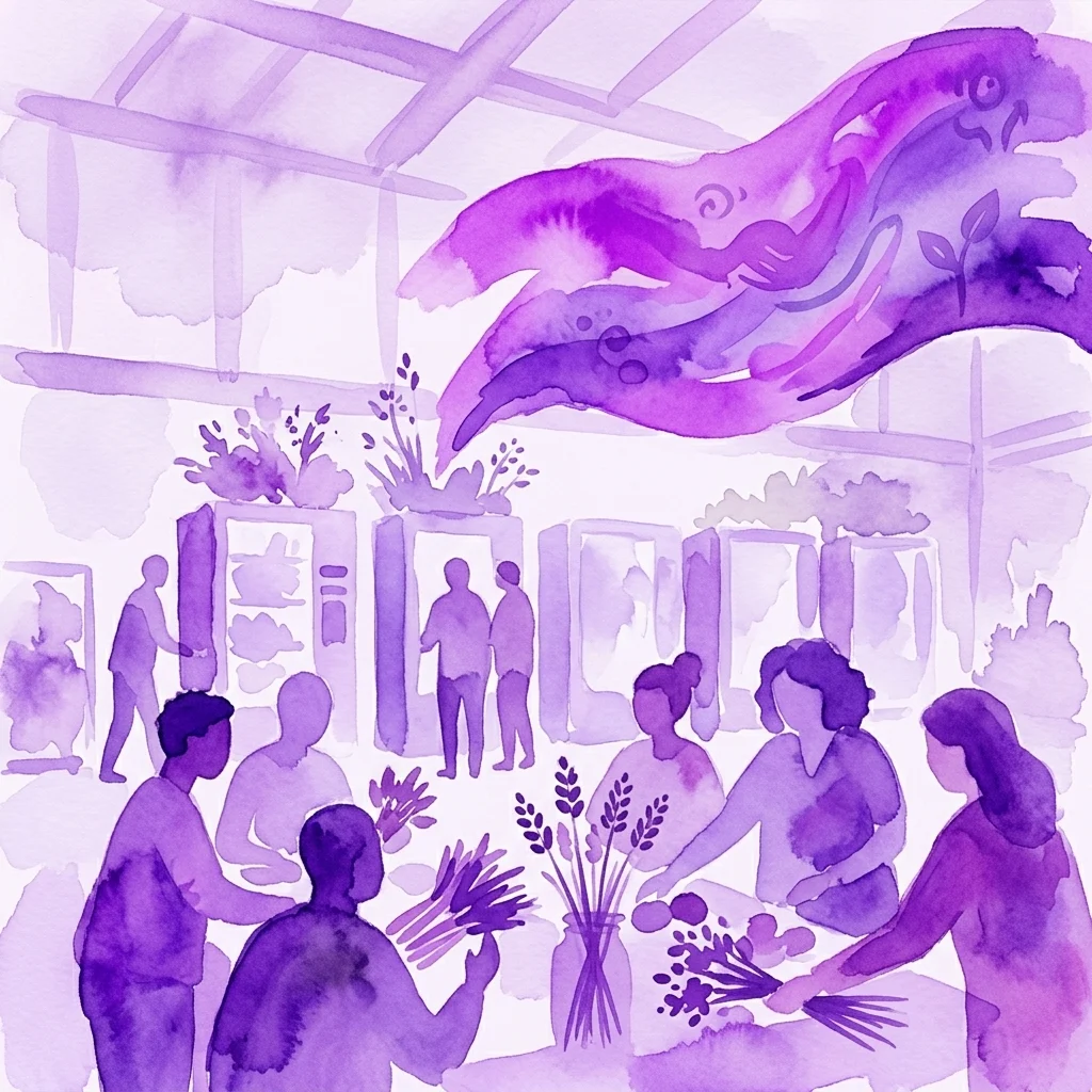 A purple watercolor illustration of people gathering around tables with plants and flowers, representing a community event focused on rural food initiatives and local agriculture.