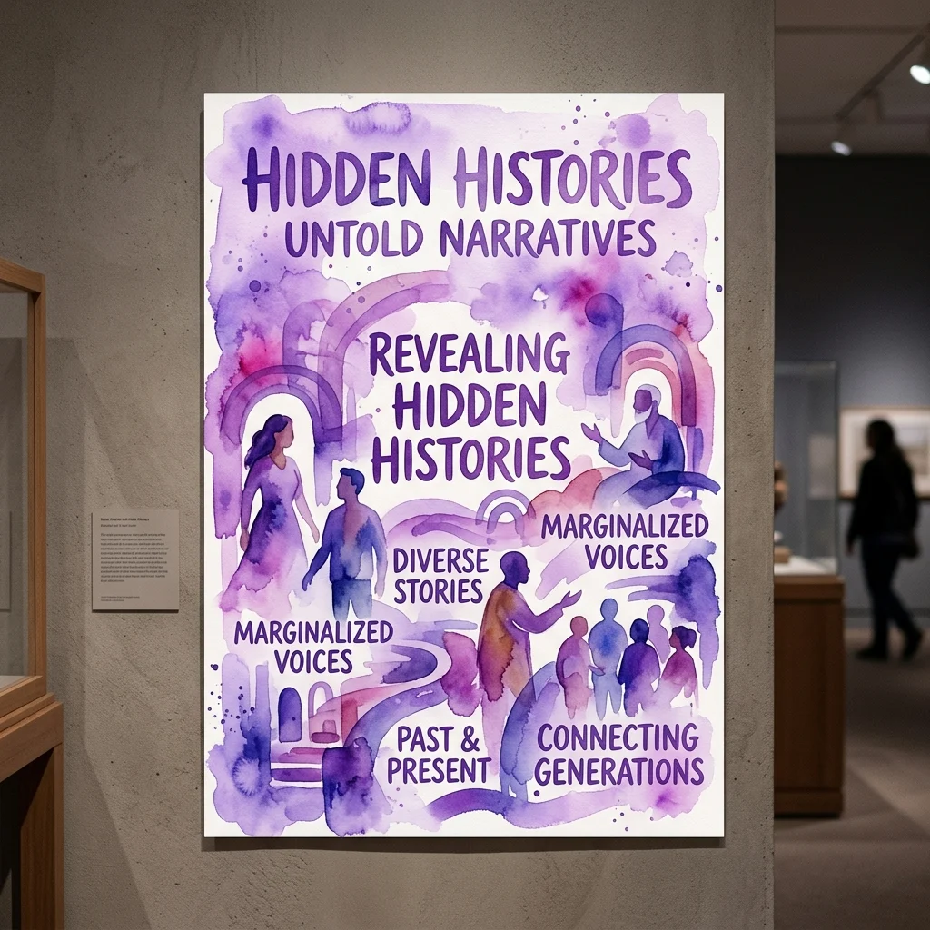 Un vibrante póster de acuarela morada titulado 'Historias Ocultas: Narrativas No Contadas' expuesto en la pared de un museo, con figuras diversas y texto que resalta voces marginadas, historias diversas y la conexión entre generaciones.