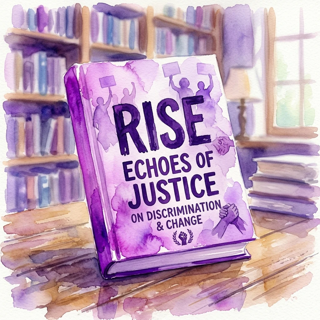 A watercolor illustration of a book titled 'Rise: Echoes of Justice on Discrimination & Change' in a library setting, with bookshelves and a window in the background.