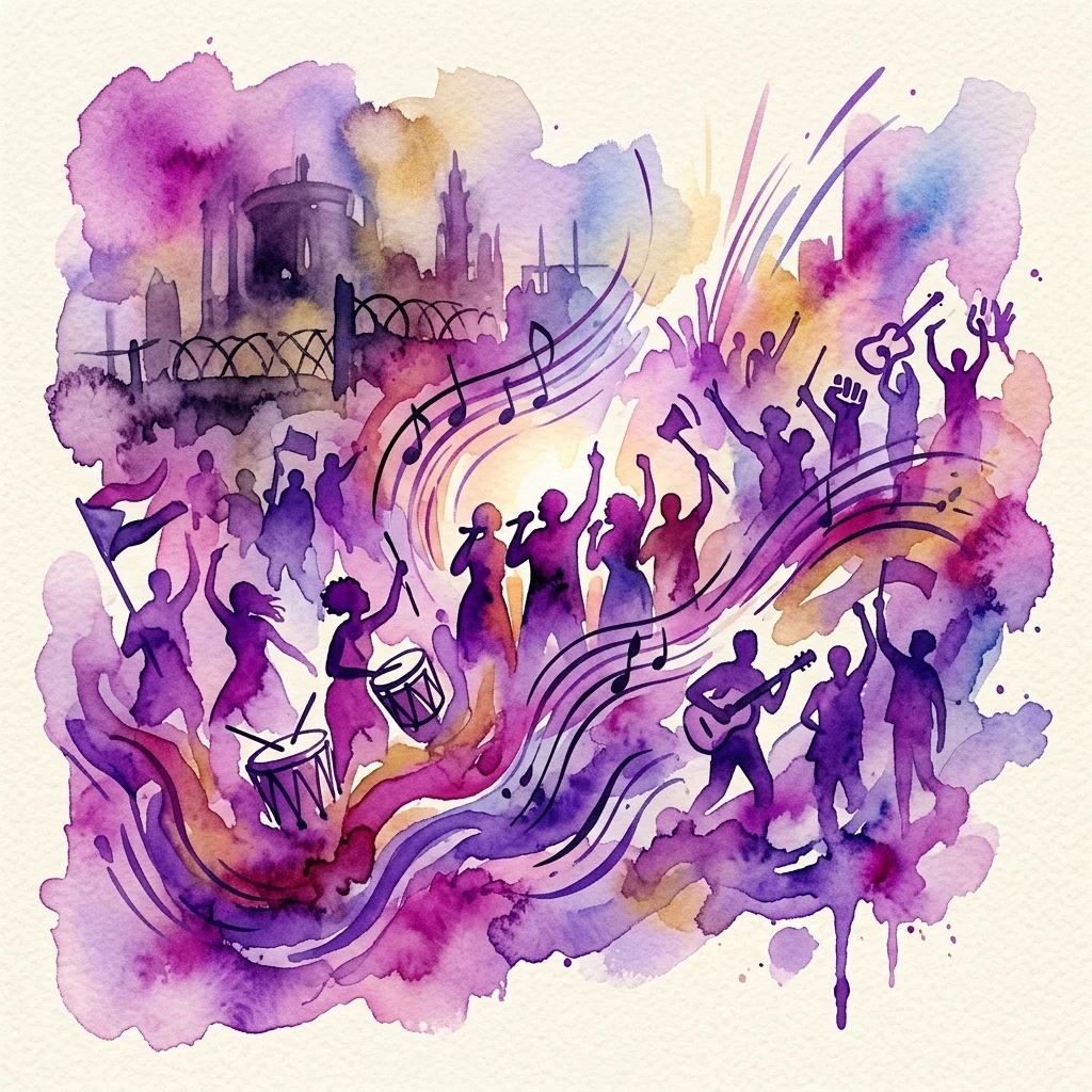 Abstract watercolor illustration of Sudanese resistance music, featuring silhouettes of musicians and protesters with instruments and flags, set against a backdrop of a fortified structure and flowing musical notes.