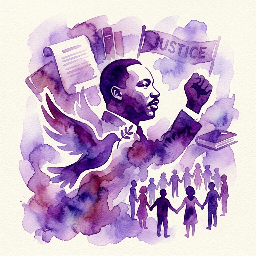A purple watercolor illustration of Martin Luther King Jr. in profile, raising a fist with a banner reading 'JUSTICE,' surrounded by a dove, books, and a group of people holding hands.