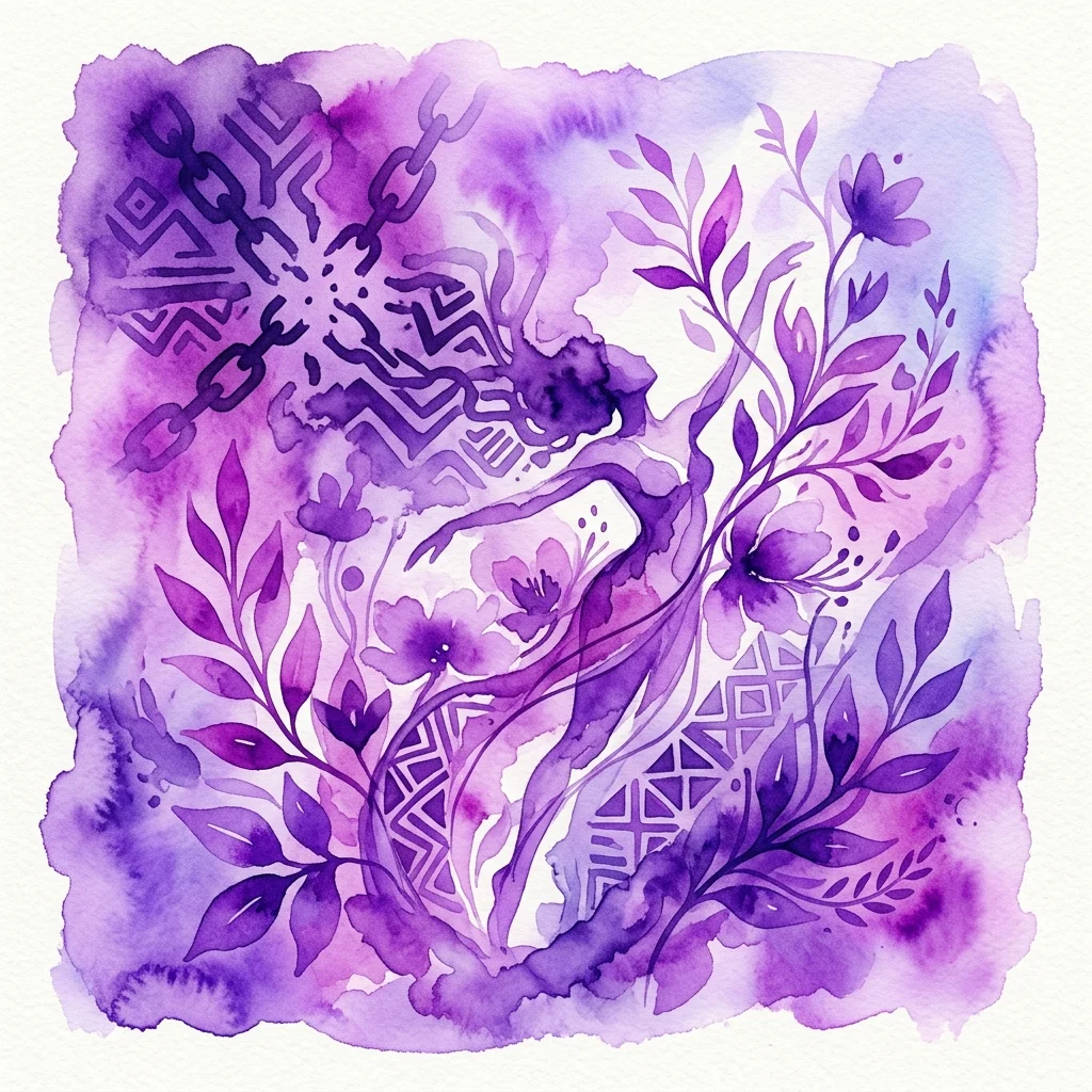 Een paars aquarel kunstwerk met een figuur verstrengeld met bloemenelementen en traditionele patronen, met kettingen die historische trauma's symboliseren, en dat mentale gezondheid en genezing van koloniale slavernij vertegenwoordigt.