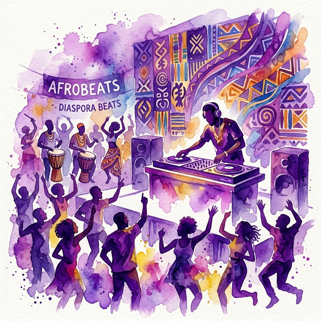 A vibrant watercolor illustration of a DJ performing at an Afrobeats event, with a crowd dancing and musicians playing traditional drums under a banner reading 'AFROBEATS - DIASPORA BEATS' against a backdrop of colorful African patterns.