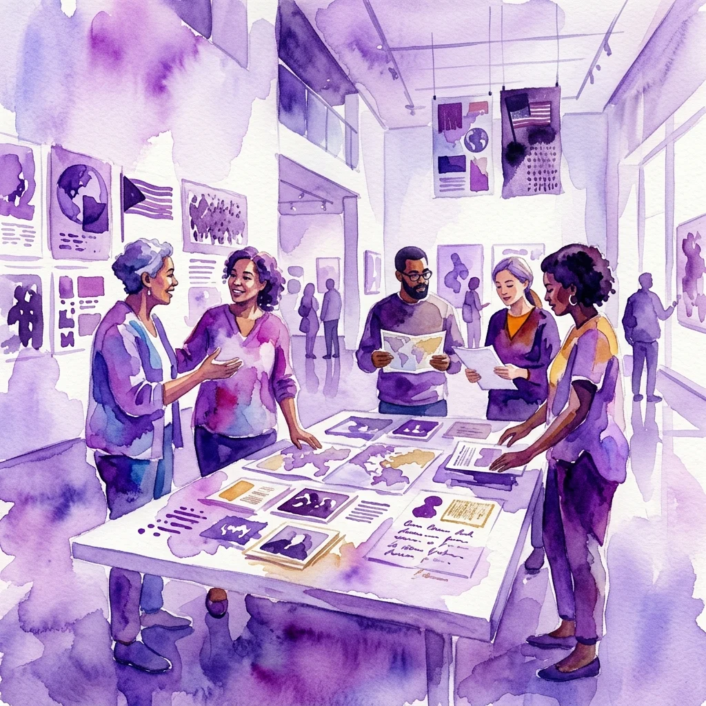 Diverse individuen bekijken archiefmateriaal en kaarten aan een tafel in een galerie, onderdeel van de MuseumN8-expositie 'Nobody's Free, Until Everybody's Free!', die internationale solidariteit en gedeelde geschiedenis belicht.