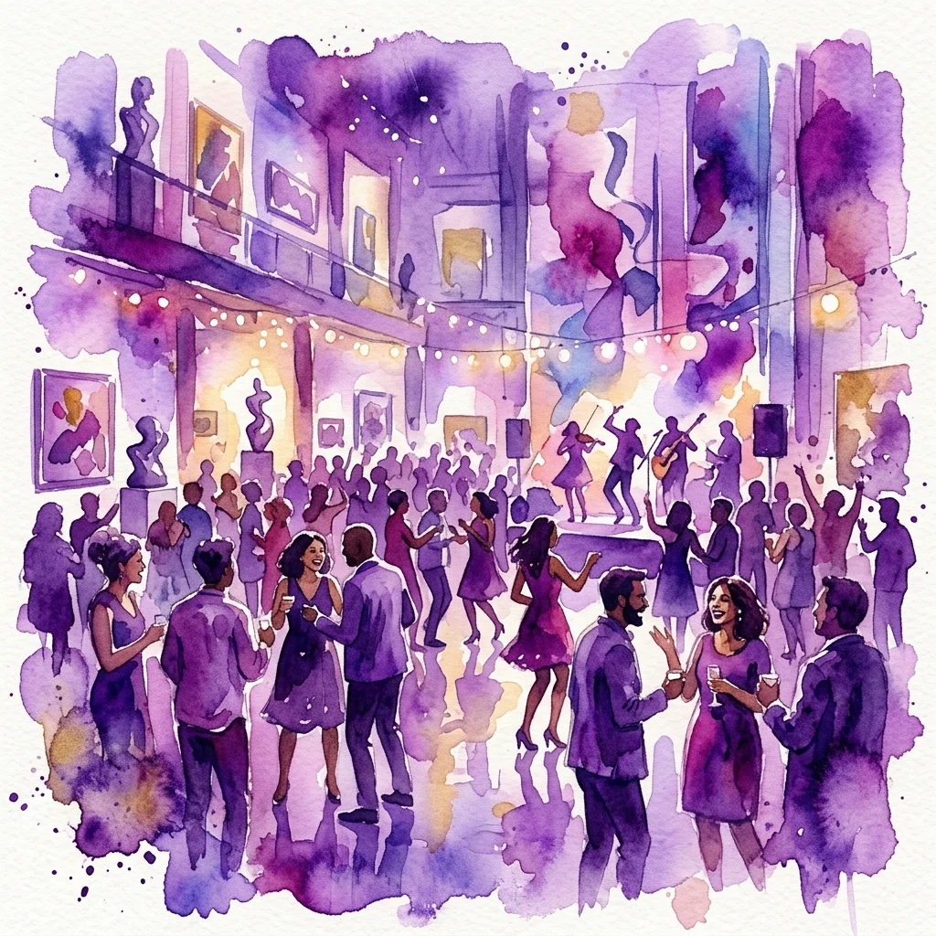 Een levendige aquarelillustratie van een diverse menigte die viert op een museum evenement, met mensen die dansen, socializen en genieten van live muziek onder lichtslingers, tegen een achtergrond van abstracte kunst en galerie ruimtes.