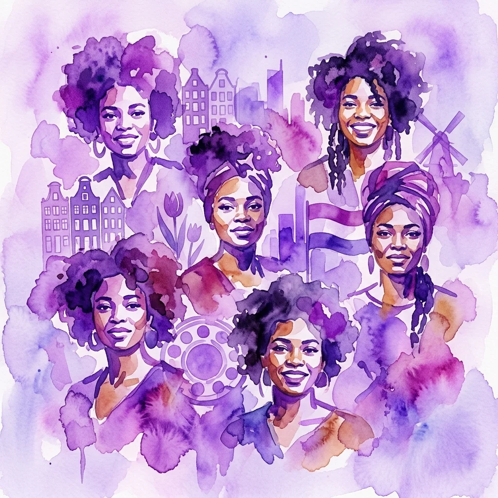 Ilustracja akwarelowa przedstawiająca różnorodne czarne kobiety z afro fryzurami, na fioletowym tle z holenderską architekturą i tulipanami, reprezentująca wystawę 'BLACK' autorstwa The Black Archives podczas Museumnacht Amsterdam.