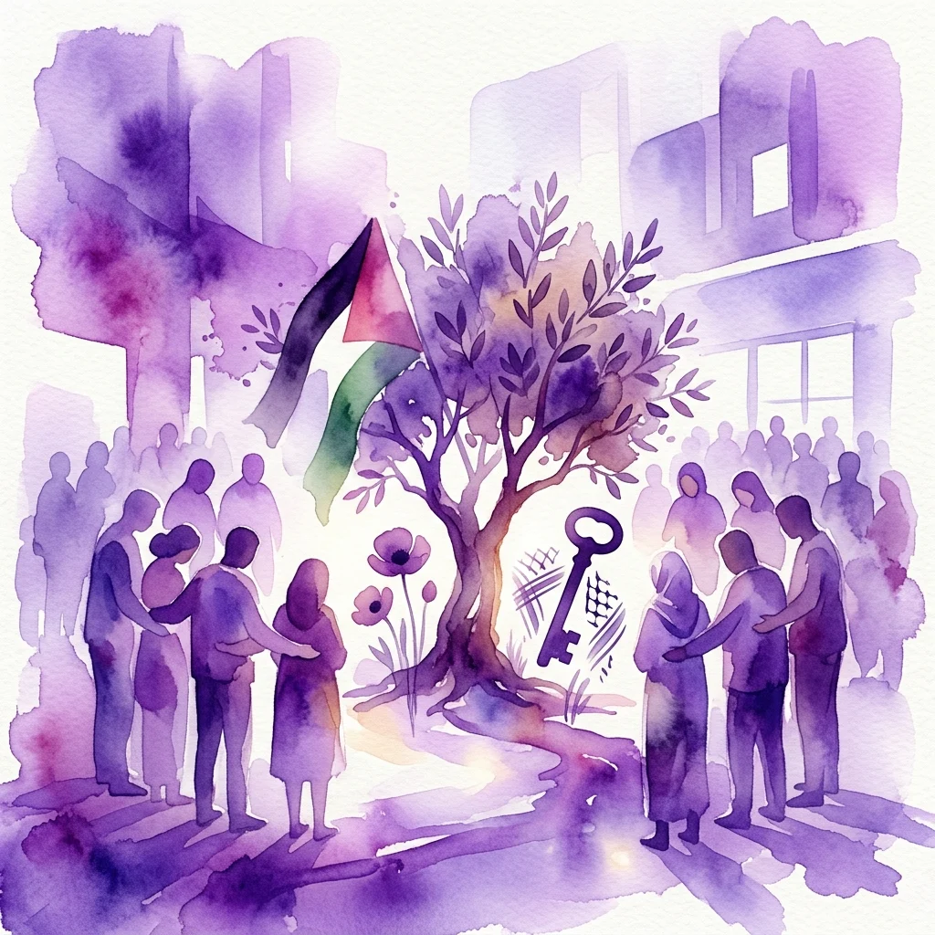 Ilustracja akwarelowa upamiętniająca wydarzenie z ludźmi zgromadzonymi wokół drzewa, palestyńską flagą oraz symbolicznymi elementami, takimi jak klucz i maki, reprezentująca Nakba Herdenking 2025 w The Black Archives.