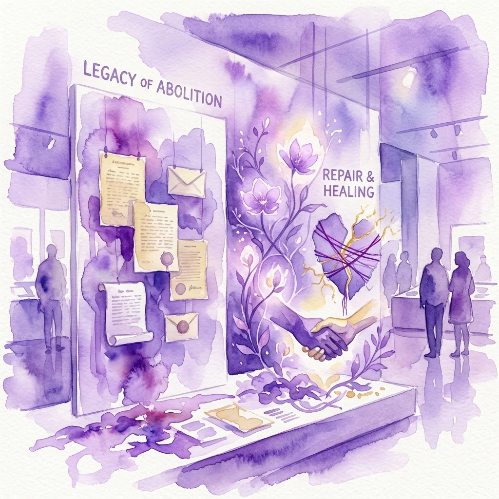 Watercolor illustration of a museum exhibition titled 'Legacy of Abolition' and 'Repair & Healing,' featuring archival documents, symbolic broken pottery being mended, and visitors observing the display.