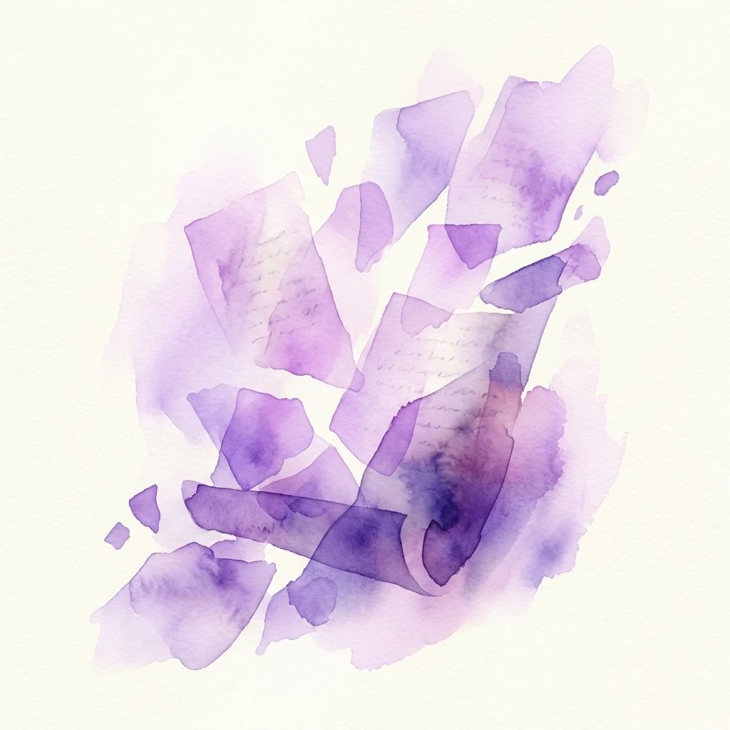 Abstract watercolor artwork of fragmented purple paper pieces with faint script, symbolizing the uncovering of hidden histories related to slavery abolition in the Netherlands.