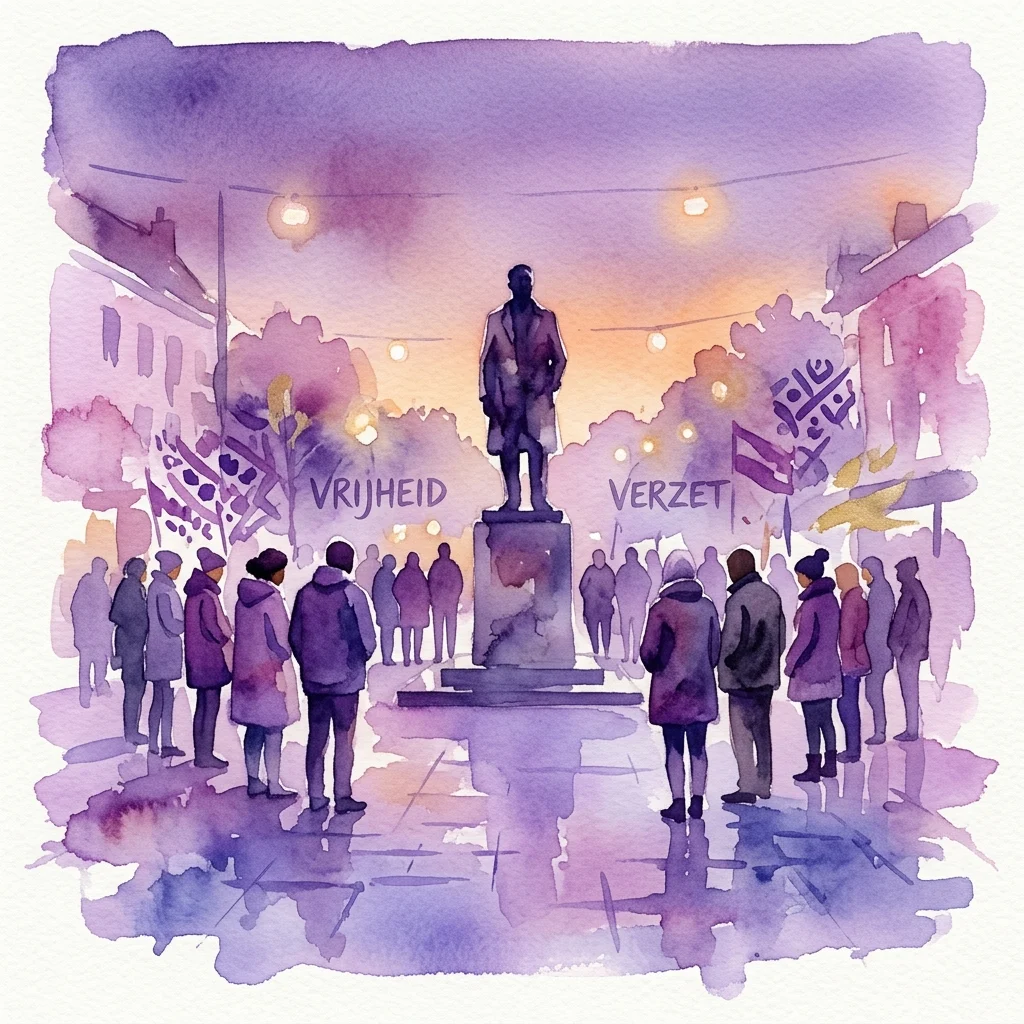 Ilustracja akwarelowa przedstawiająca publiczne zgromadzenie o zmierzchu wokół pomnika Antona de Koma, z napisami 'VRIJHEID' i 'VERZET' (Wolność i Opor) na transparentach, upamiętniająca obchody 4 maja i temat przewodni 'Nikt nie jest wolny, dopóki wszyscy nie są wolni'.