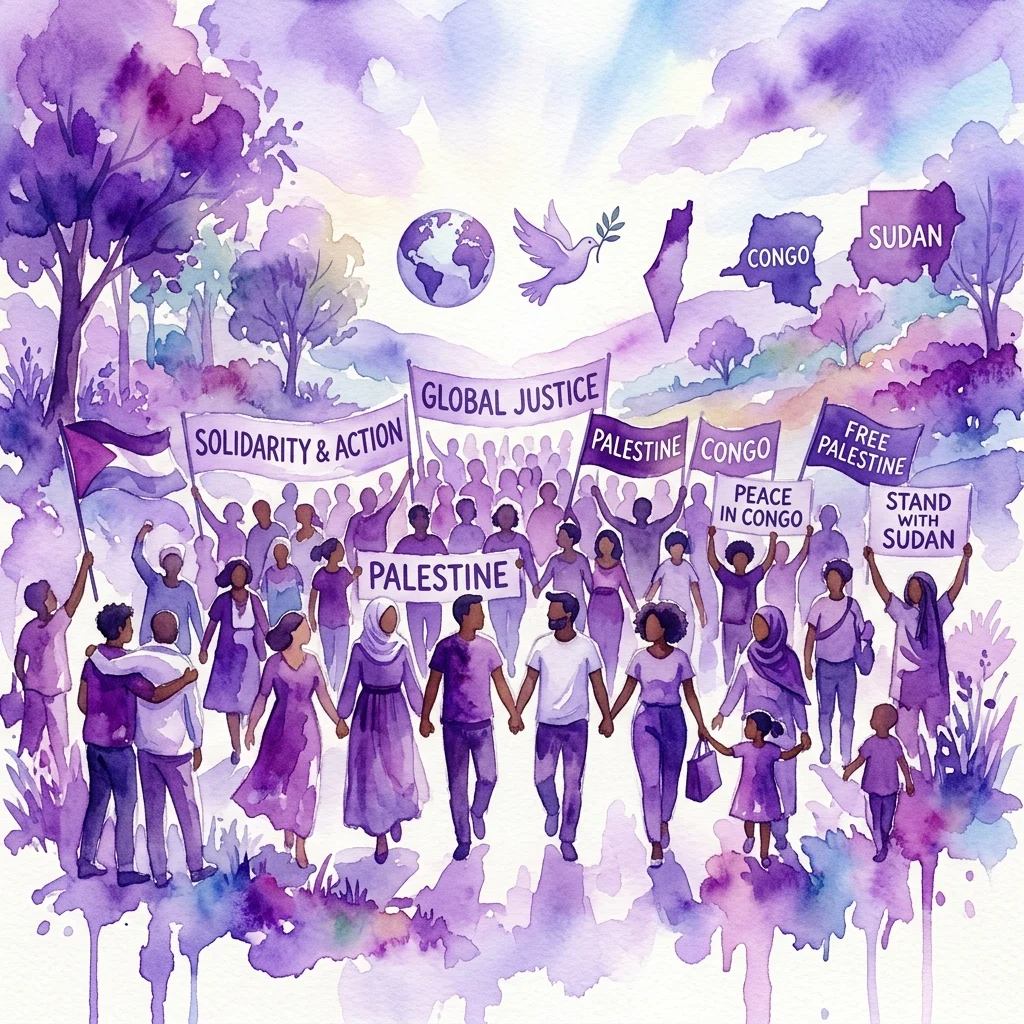 Una ilustración en acuarela de un grupo diverso de personas marchando por la justicia global, portando carteles de Palestina, Congo y Sudán, con mapas y una paloma simbolizando la paz.