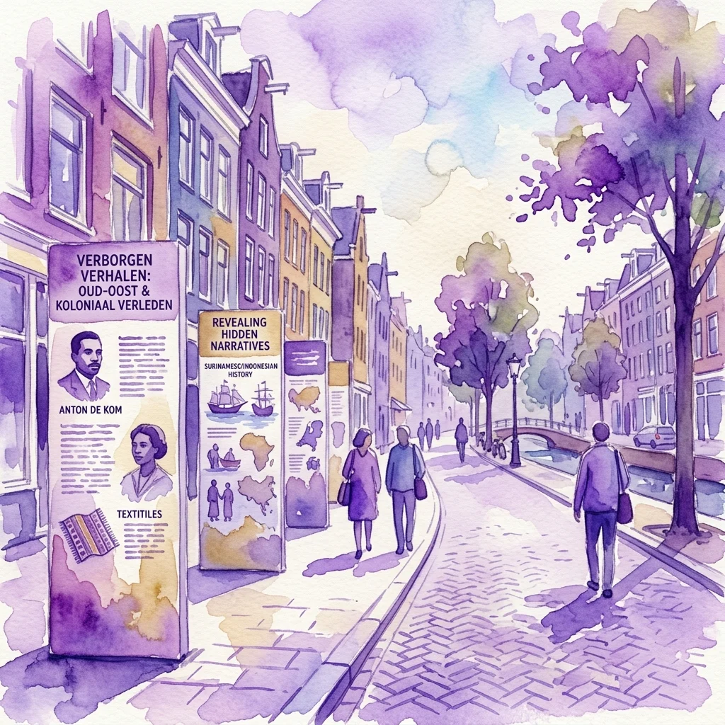 Ilustracja akwarelowa ulicy w amsterdamskiej dzielnicy Oud-Oost z panelami informacyjnymi na temat historii kolonialnej, w tym postaci takich jak Anton de Kom oraz historii Surinamu/Indonezji, z przechodniami spacerującymi wzdłuż kanału.