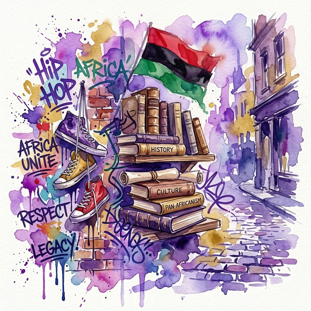 Watercolor illustration of sneakers, books on history and culture, a Pan-African flag, and graffiti art with words like 'Hip Hop', 'Africa Unite', and 'Legacy' on a cobblestone street.