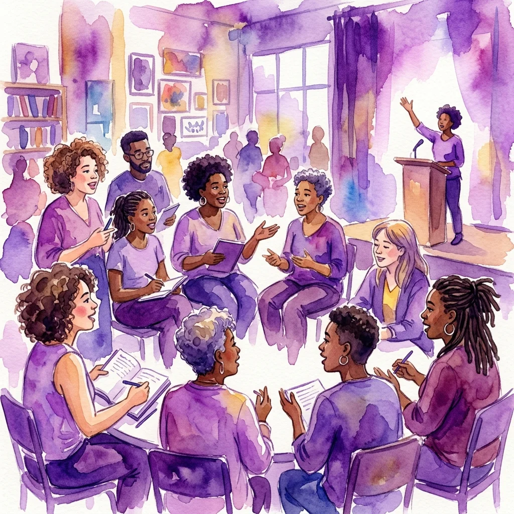 Un grupo diverso de personas participando en un taller de poesía, con una persona hablando en un atril y otros participando en discusiones y escribiendo, en un vibrante espacio comunitario.