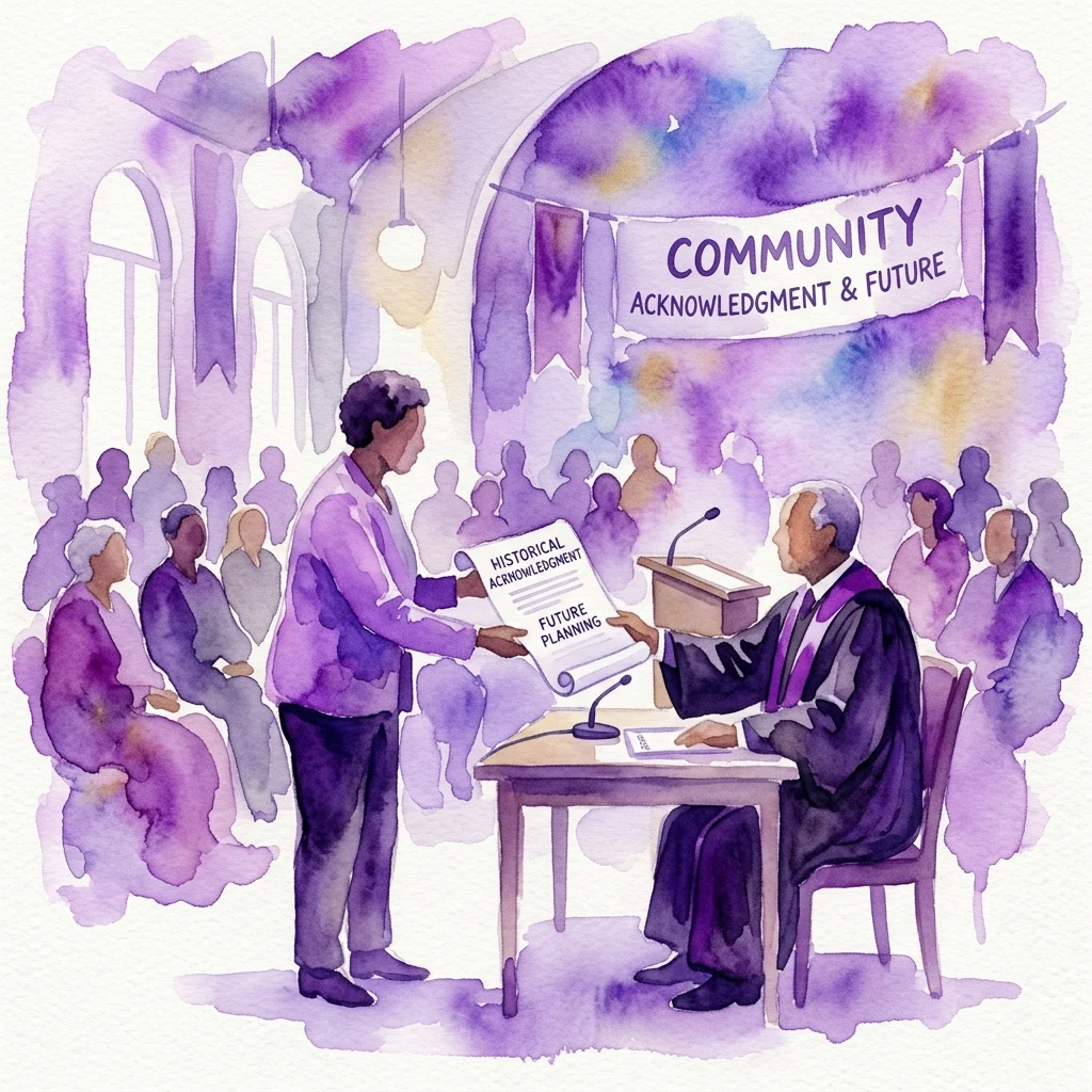 Una ilustración en acuarela de un evento de presentación formal donde una persona entrega un informe titulado 'Historical Acknowledgment & Future Planning' a un funcionario sentado. El cartel dice 'Community Acknowledgment & Future', y la escena incluye una audiencia en un espacio comunitario.