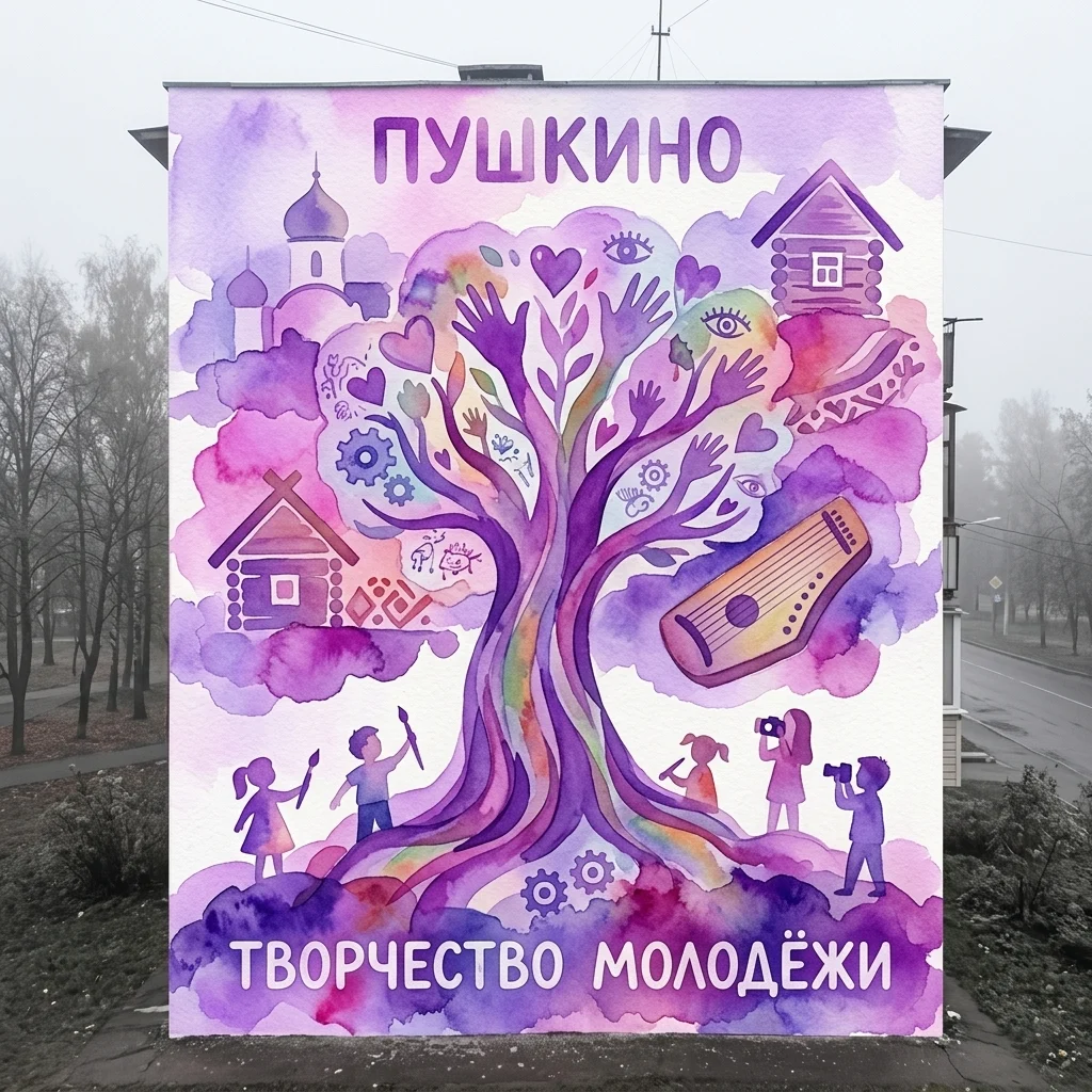 Tętniący życiem mural akwarelowy przedstawiający wieś Púszkino w Rosji, z centralnym drzewem, dziećmi, tradycyjnymi domami i symbolami kultury, takimi jak instrument gusli, pod napisem „ПУШКИНО” i „ТВОРЧЕСТВО МОЛОДЁЖИ”.