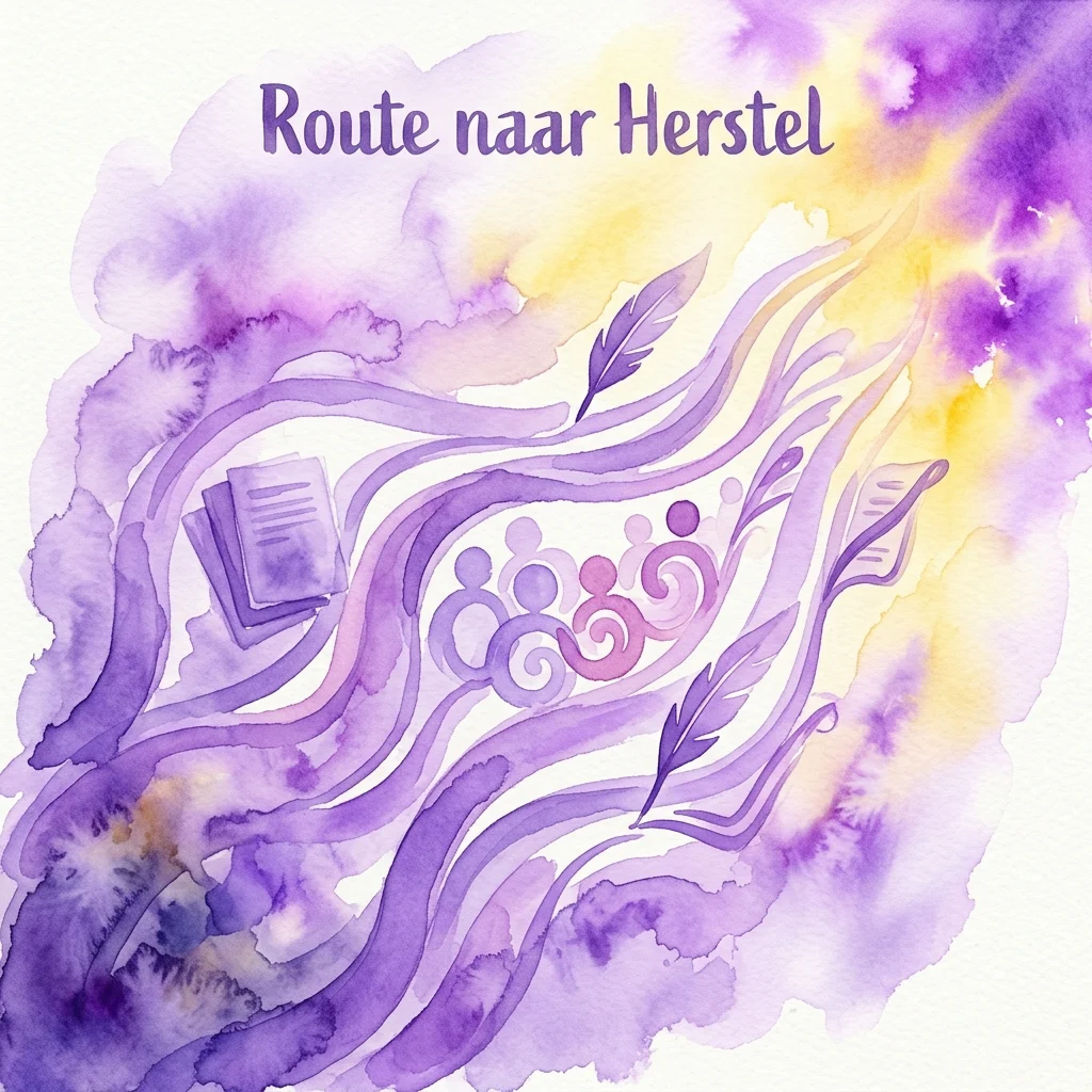 Ilustracja akwarelowa przedstawiająca splecione ścieżki z symbolami ludzi, książek i piór, reprezentująca raport „Route naar Herstel” dotyczący reparacji i uzdrowienia z holenderskiej przeszłości transatlantyckiego niewolnictwa.