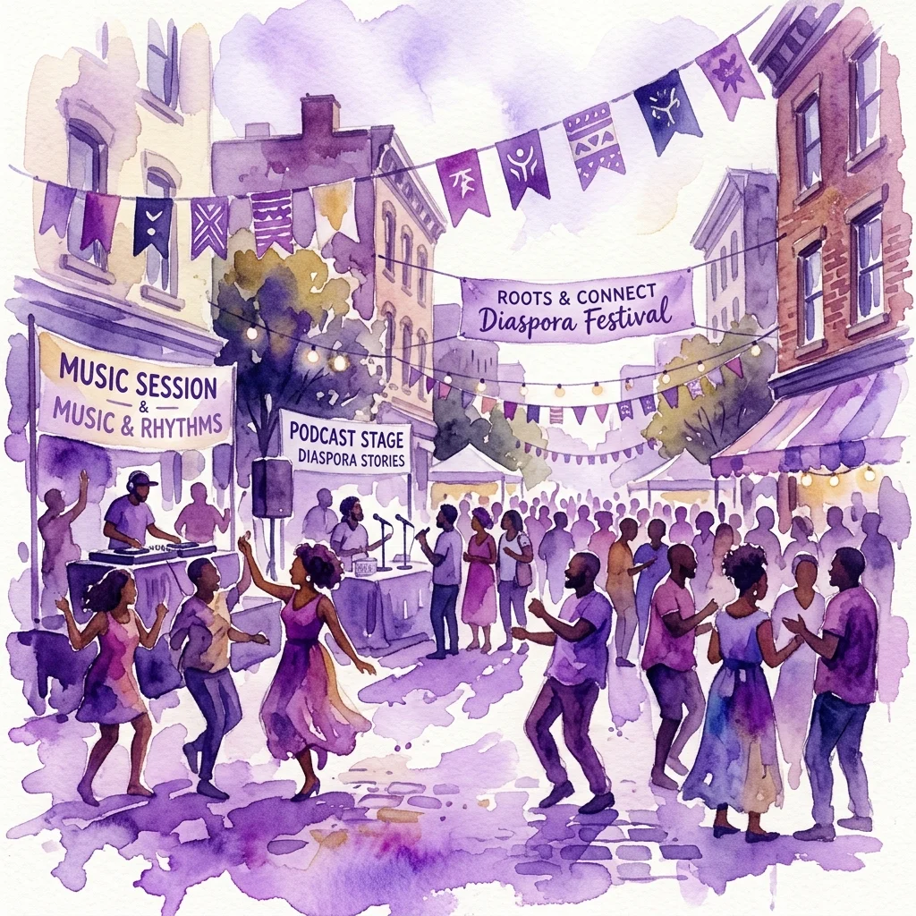 A vibrant watercolor illustration of the Roots & Connect Diaspora Festival, featuring people dancing, a music session, and a podcast stage, celebrating diaspora culture with purple banners and community gatherings.