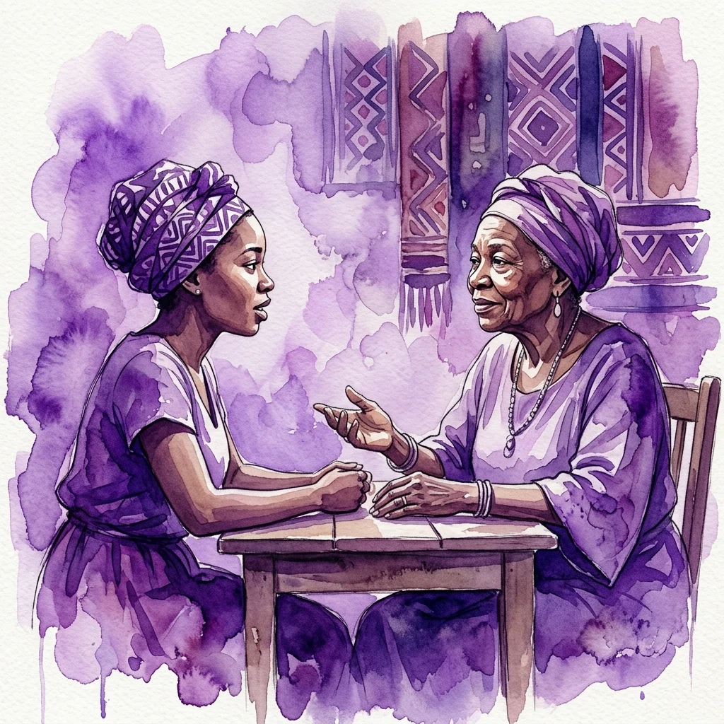 Ilustracja akwarelowa przedstawiająca dwie kobiety w tradycyjnych chustach na głowie rozmawiające przy stole, z tekstyliami Marron w tle, ukazująca międzypokoleniowe opowiadanie historii z wystawy „Reimagining Okanisi Perspectives”.