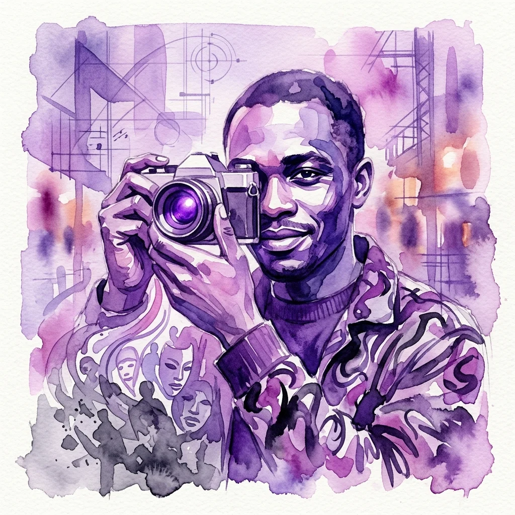 Een aquarelillustratie van Mikael Owunna, een queere Nigeriaans-Zweedse fotograaf, die een camera met een paarse lens vasthoudt, tegen een achtergrond van architectonische schetsen en abstracte gezichten, die zijn multidisciplinaire kunst over identiteit en marginalisatie weerspiegelt.