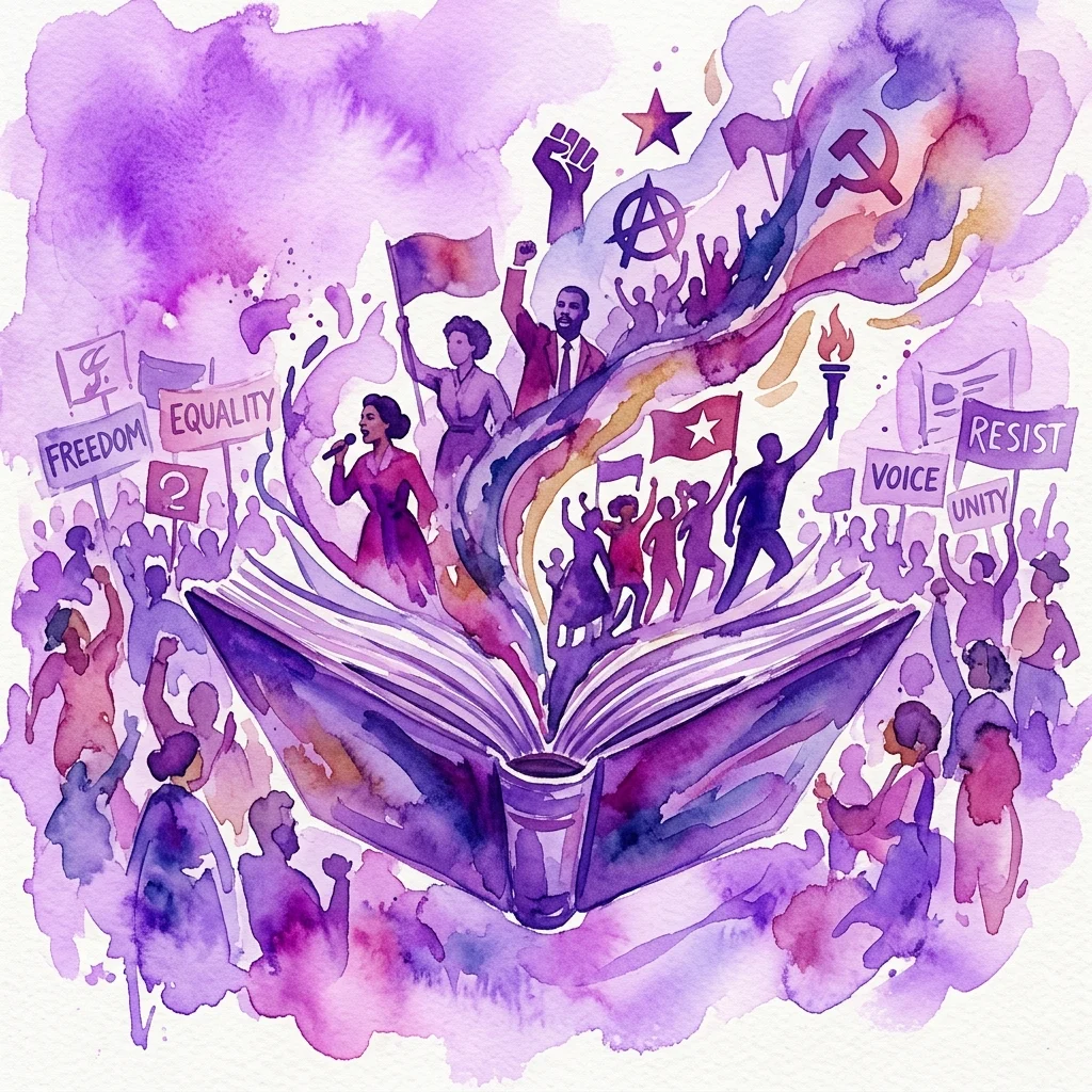 Ilustracja akwarelowa otwartej księgi, z której wyłaniają się ludzie, transparenty protestacyjne i symbole radykalne, reprezentujące tematykę czarnego radykalizmu i sprawiedliwości społecznej.