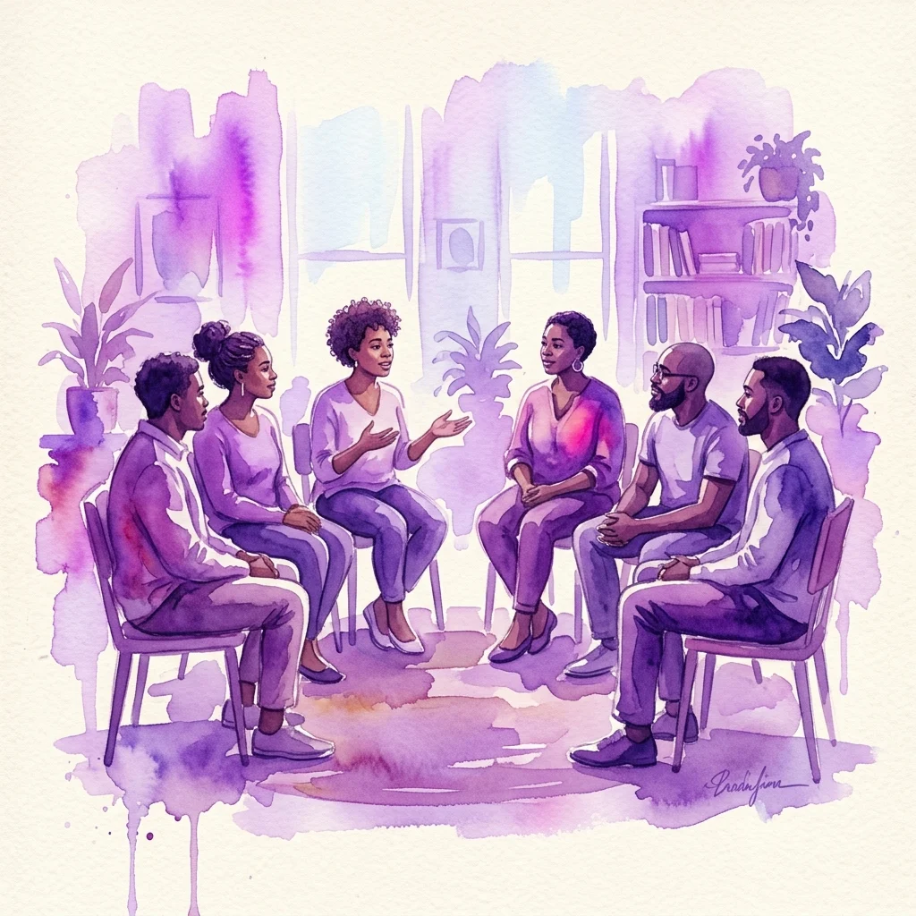 Ilustracja akwarelowa przedstawiająca zróżnicowaną grupę czarnoskórych osób siedzących w kręgu, prowadzących wspierającą dyskusję na temat rodzicielstwa i antyrasizmu, w ciepłej, zorientowanej na społeczność przestrzeni.