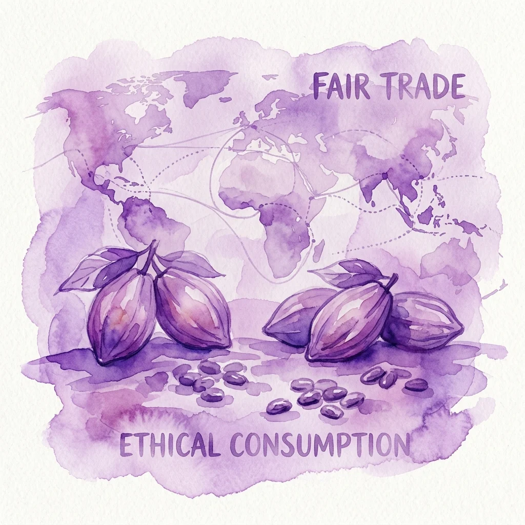 Ilustración en acuarela de vainas y granos de cacao con una superposición de mapa mundial que muestra rutas comerciales, etiquetada como 'FAIR TRADE' y 'CONSUMO ÉTICO' para simbolizar el viaje global del cacao y los temas del comercio justo.