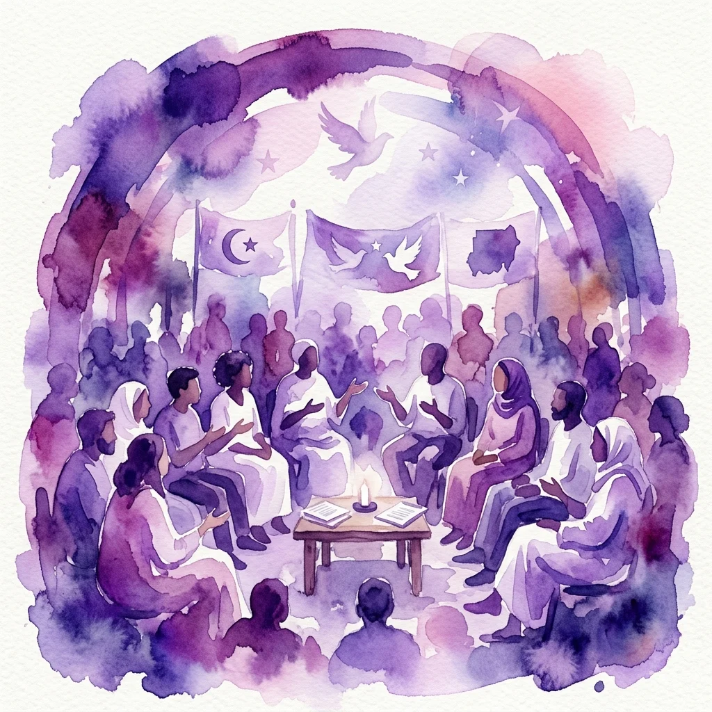 Ilustracja akwarelowa przedstawiająca zgromadzenie społeczne poświęcone solidarności z Sudanem, z ludźmi siedzącymi w kręgu z flagami, świecą oraz symbolicznymi obrazami pokoju i oporu.