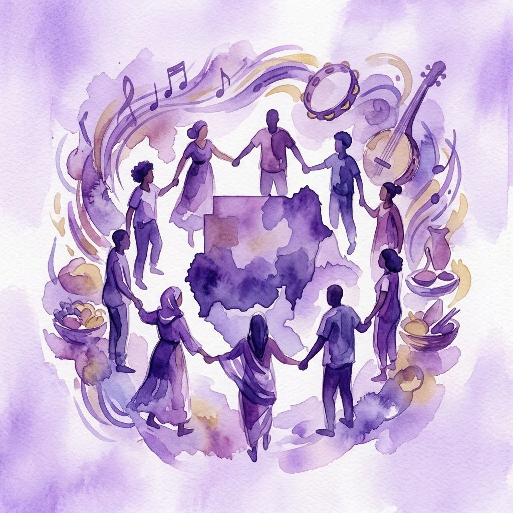 A watercolor illustration of diverse people holding hands in a circle around a map of Sudan, surrounded by musical instruments, food, and cultural symbols, symbolizing solidarity and awareness for the genocide in Darfur.