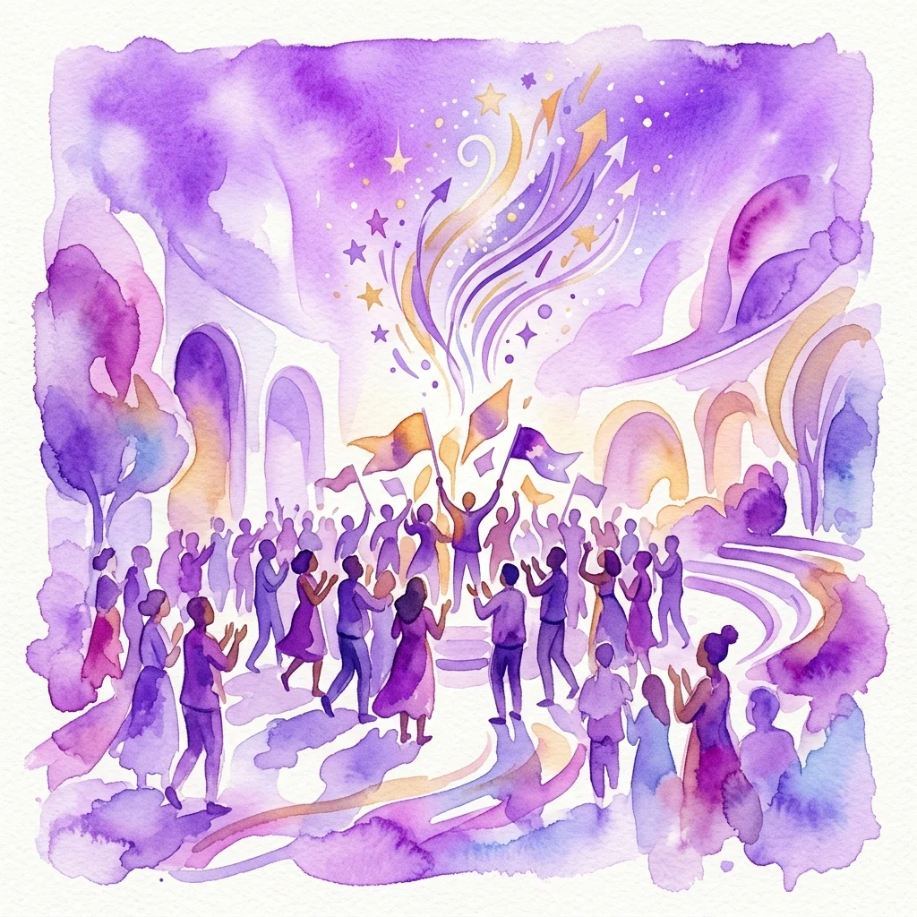 A watercolor illustration of a vibrant community gathering with people celebrating, waving flags, and surrounded by purple and gold colors, representing the TBA Books and Bites Festival: Eindfeest at The Black Archives.
