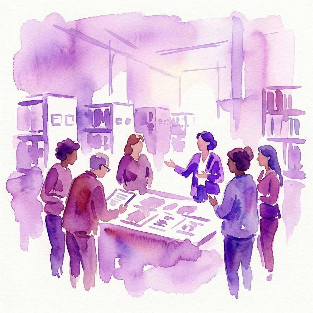 A watercolor illustration of a diverse group of people on a guided tour in a modern archive, examining historical documents and engaging in discussion.