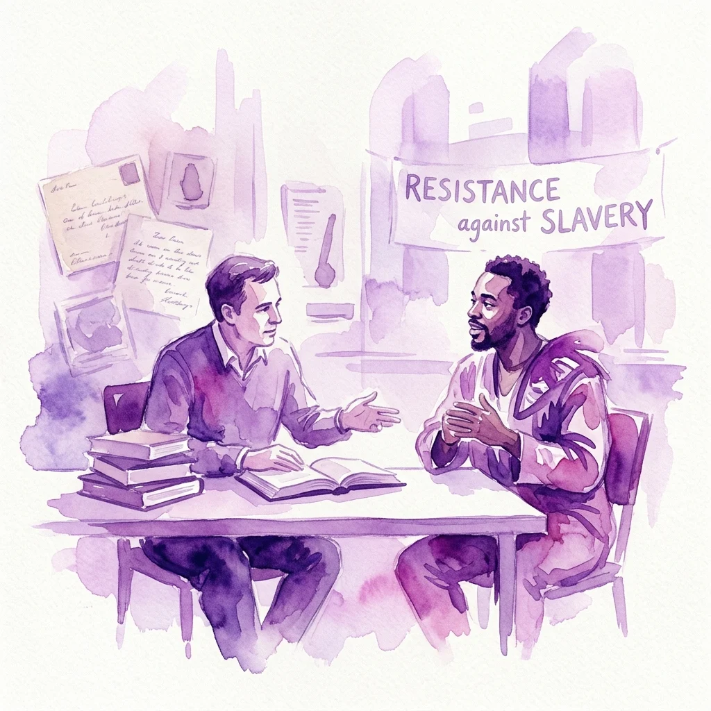 Twee mannen in een museum bespreken verzet tegen slavernij, waarbij de ene man gebaart terwijl de andere luistert. Archiefdocumenten en een spandoek met de tekst 'VERZET tegen SLAVERNij' zijn zichtbaar op de achtergrond.