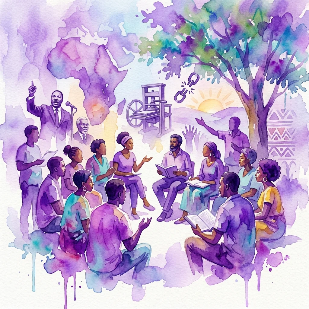 A watercolor illustration of diverse people gathered in a circle, engaged in discussion and learning, with symbolic elements like a map of Africa, a breaking chain, and historical figures, representing the TBA X Africadelic: Patrice Lumumba Day '25 event.