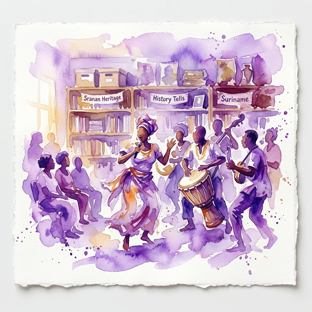 A watercolor illustration of a cultural event at The Black Archives, featuring a woman singing with a microphone, musicians playing instruments, and an audience listening. Shelves in the background are labeled 'Sranan Heritage,' 'History Tells,' and 'Suriname,' reflecting the Surinamese heritage theme.