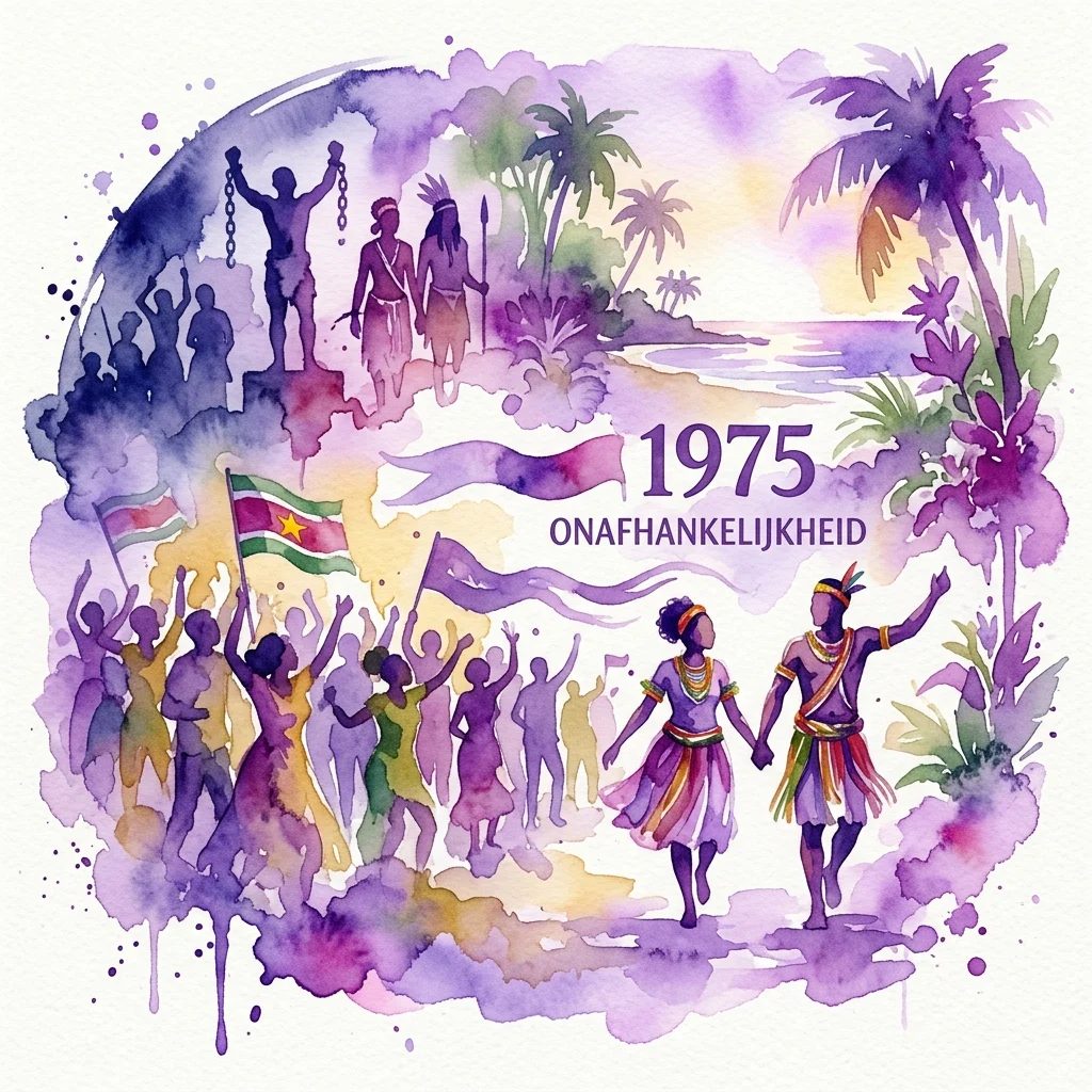 A watercolor illustration celebrating Suriname's independence in 1975, featuring silhouettes of people, traditional dancers, the Surinamese flag, and palm trees, with the text '1975 ONAFHANKELIJKHEID' (Independence).