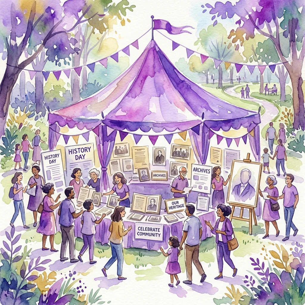 Una vibrante ilustración en acuarela de un evento comunitario en una carpa de festival morada en un parque, con exhibiciones de documentos históricos, fotografías y archivos que celebran la herencia y comunidad Black en el Día de la Historia.