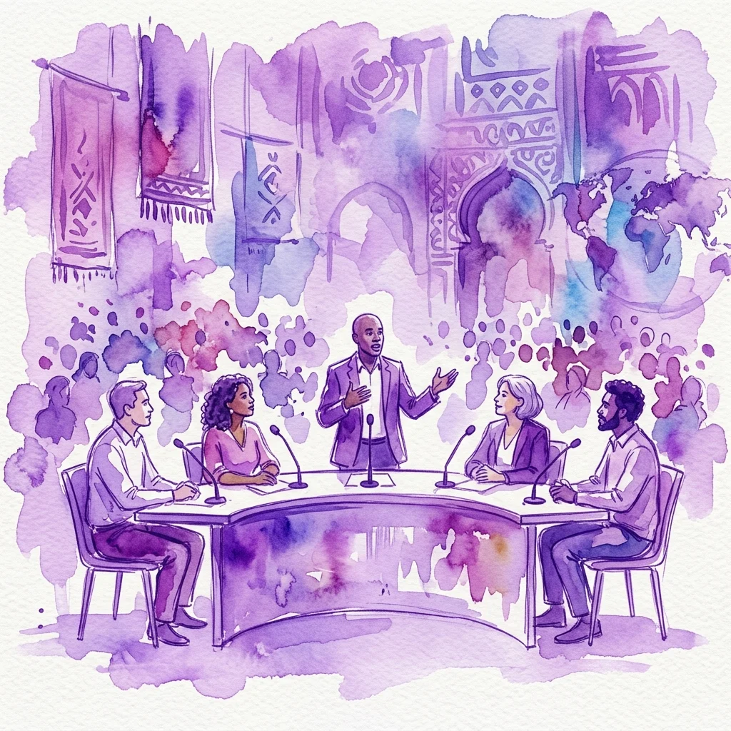 Ilustracja akwarelowa przedstawiająca zróżnicowany panel dyskusyjny z pięcioma mówcami przy zakrzywionym stole, na tle motywów kulturowych i mapy świata, symbolizująca debatę na temat transnacjonalizmu i diaspory.