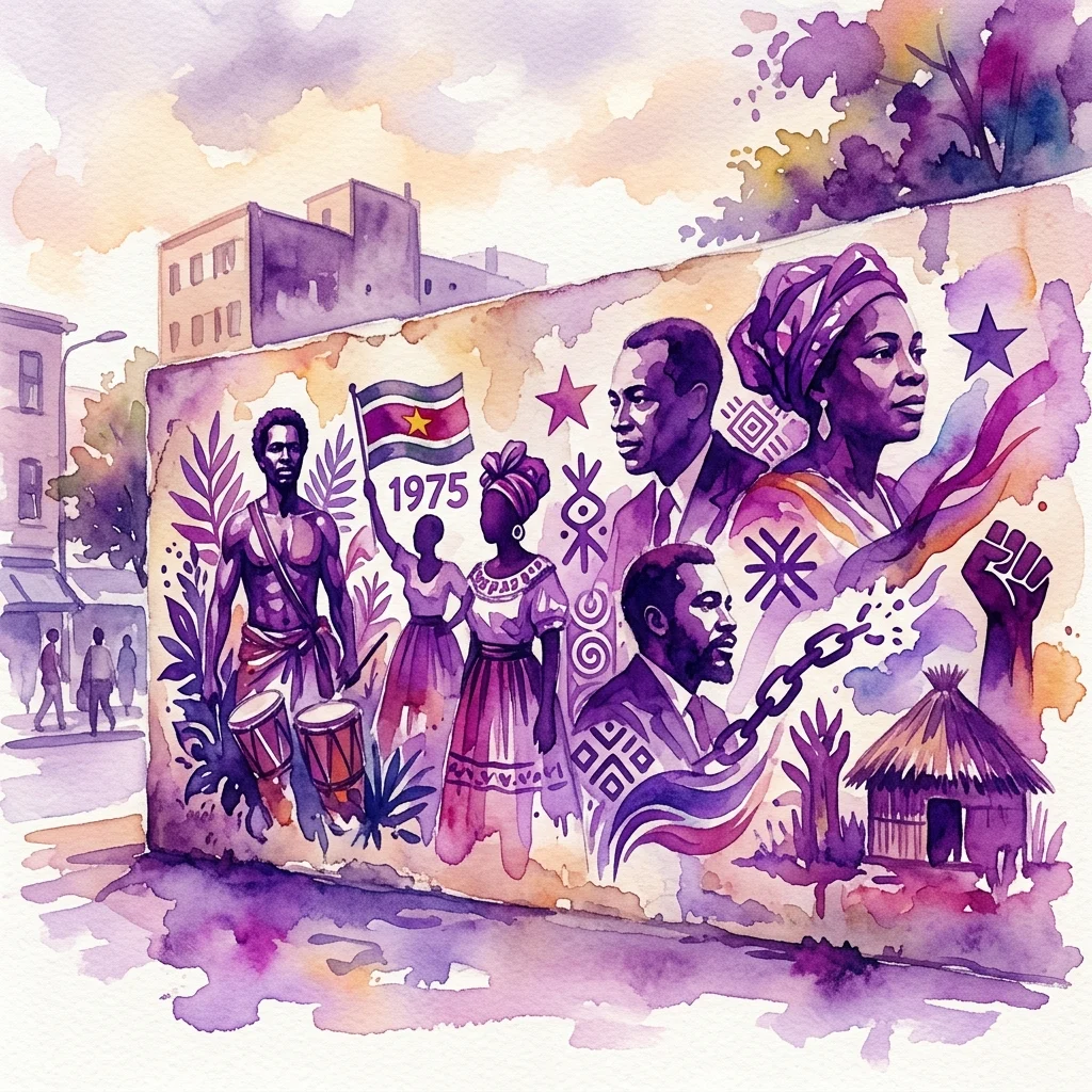 A vibrant watercolor mural titled 'The Wall of Surinamese and Black Heroes,' depicting historical figures, cultural symbols, and the Surinamese flag, created in 2020 to honor Black and Surinamese heritage.